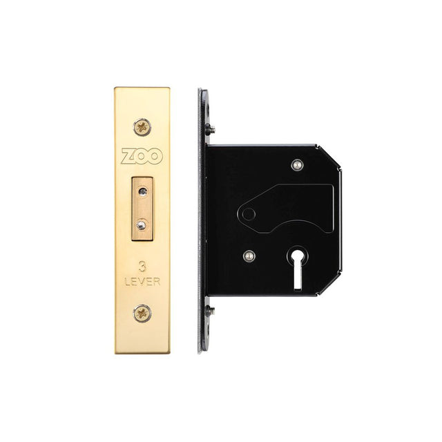High quality image of the Zoo Hardware - 3 Lever Replacement Dead Lock - 64mm c/w Forend and Strike - PVD Brass | Sku. zurd364pvd | available to order from Trade Door Handles.