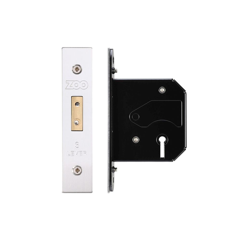 High quality image of the Zoo Hardware - 3 Lever Replacement Dead Lock - 64mm c/w Forend and Strike - Stain Stainless Steel | Sku. zurd364ss | available to order from Trade Door Handles.