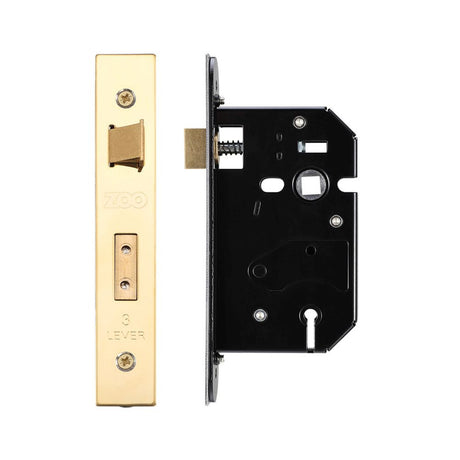 High quality image of the Zoo Hardware - 3 Lever Replacement Sash Lock - 64mm c/w Forend and Strike - PVD Brass | Sku. zurs364pvd | available to order from Trade Door Handles.