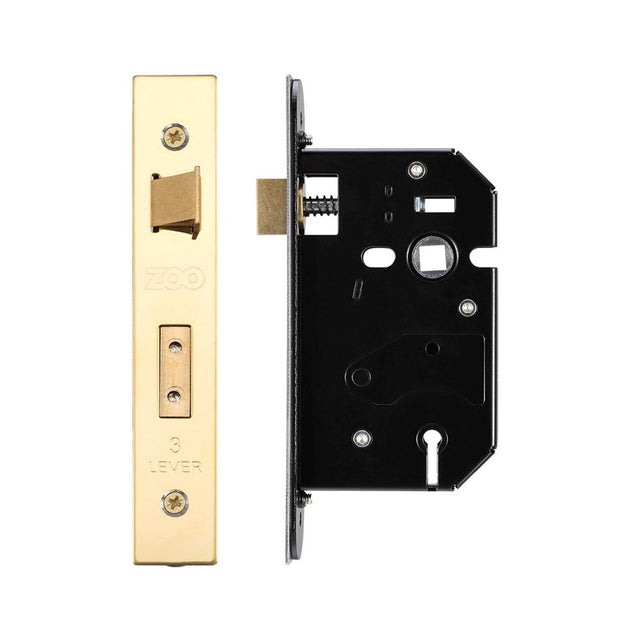 High quality image of the Zoo Hardware - 3 Lever Replacement Sash Lock - 64mm c/w Forend and Strike - PVD Brass | Sku. zurs364pvd | available to order from Trade Door Handles.