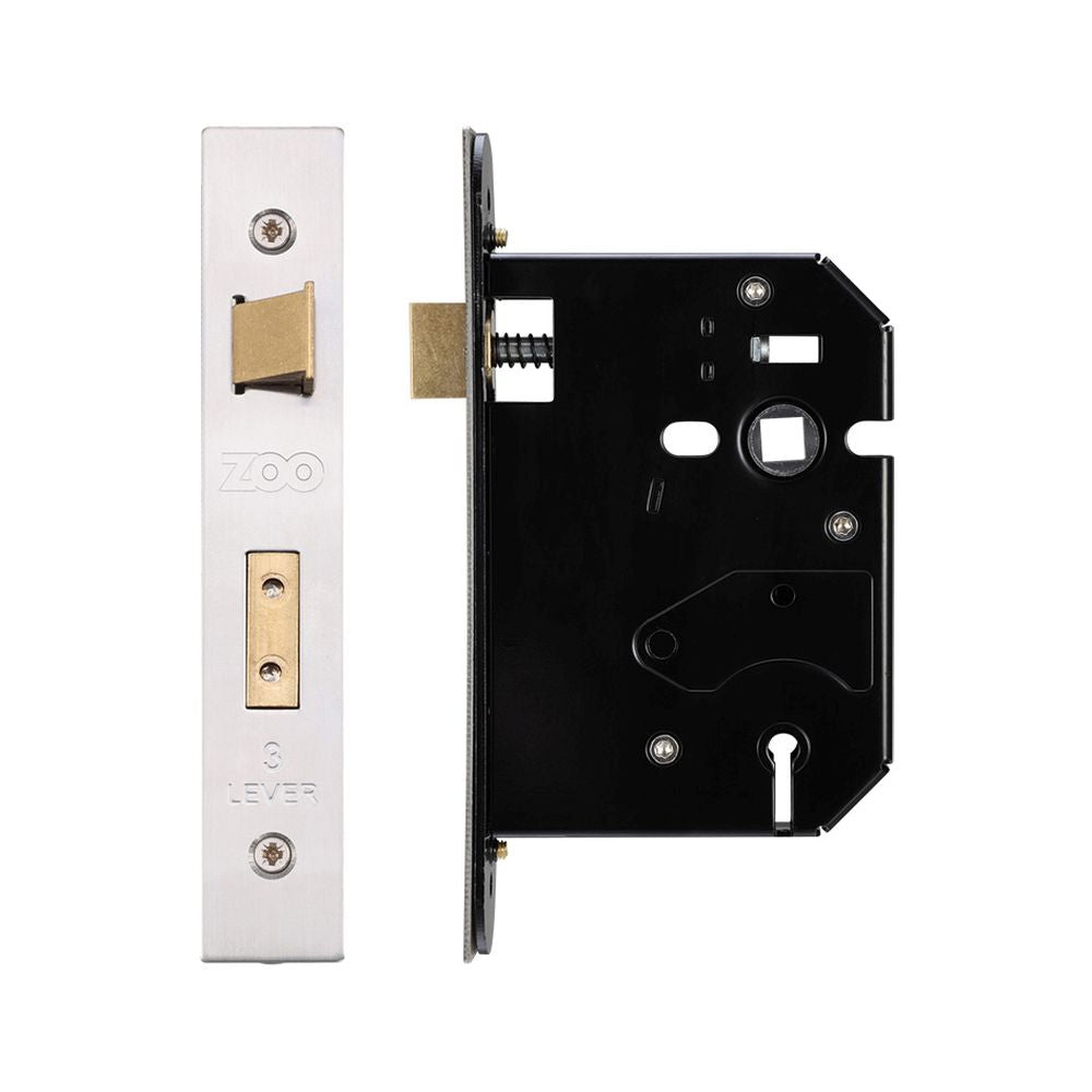 High quality image of the Zoo Hardware - 3 Lever Replacement Sash Lock - 76mm c/w Forend and Strike - Stain Stainless Steel | Sku. zurs376ss | available to order from Trade Door Handles.