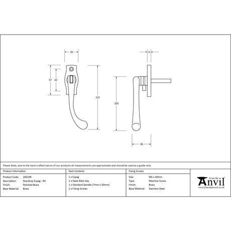 High quality image of From The Anvil - Polished Brass Peardrop Espag - RH | Sku. 20419r | Trade Door Handles, Kendal.