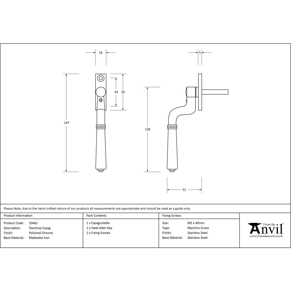 High quality image of From The Anvil - Polished Chrome Teardrop Espag | Sku. 20462 | Trade Door Handles, Kendal.