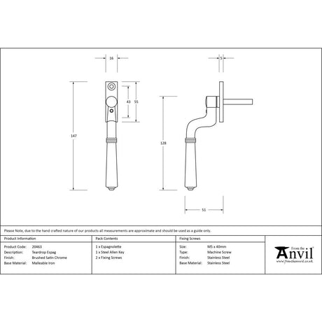 High quality image of From The Anvil - Brushed Satin Chrome Teardrop Espag | Sku. 20463 | Trade Door Handles, Kendal.