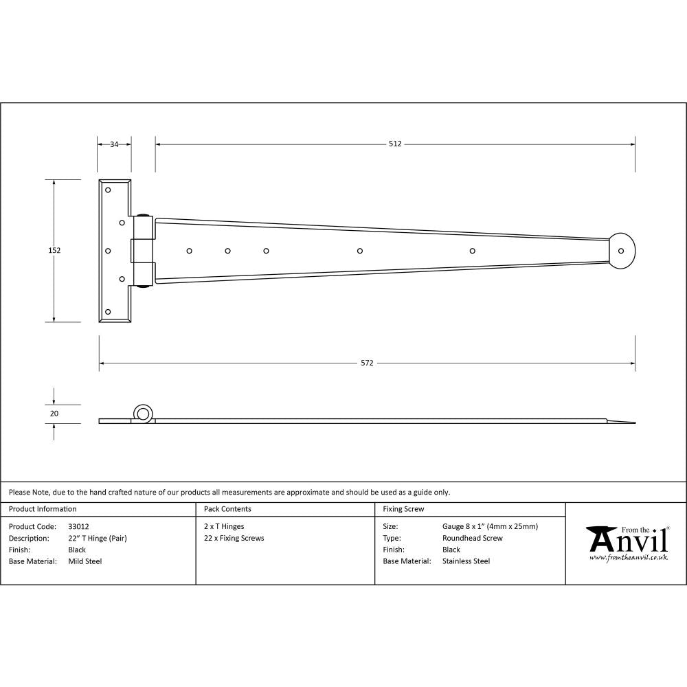 This is an image showing From The Anvil - Black 22" Penny End T Hinge (pair) available from trade door handles, quick delivery and discounted prices