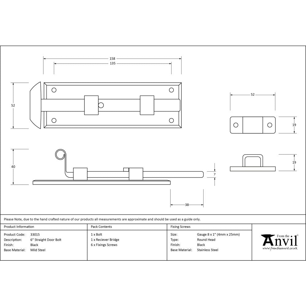 This is an image showing From The Anvil - Black 6" Straight Door Bolt available from trade door handles, quick delivery and discounted prices