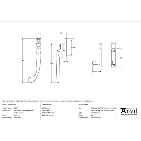 This is an image showing From The Anvil - Black Night-Vent Locking Peardrop Fastener - LH available from trade door handles, quick delivery and discounted prices