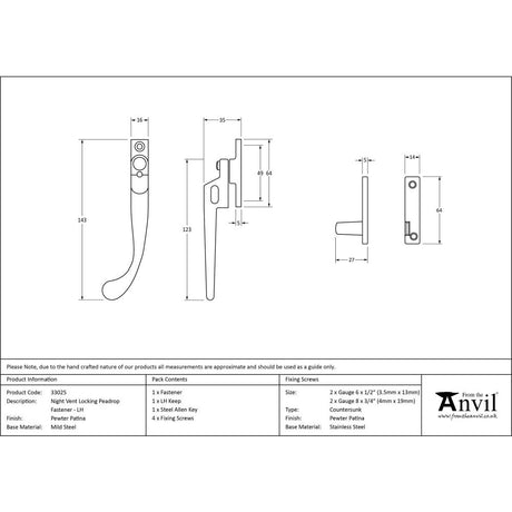 This is an image showing From The Anvil - Pewter Night-Vent Locking Peardrop Fastener - LH available from trade door handles, quick delivery and discounted prices