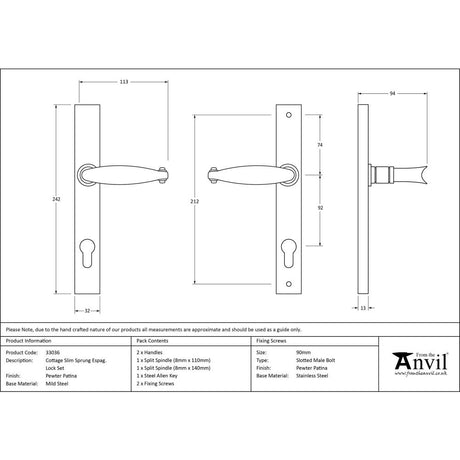 This is an image showing From The Anvil - Pewter Cottage Slimline Lever Espag. Lock Set available from trade door handles, quick delivery and discounted prices