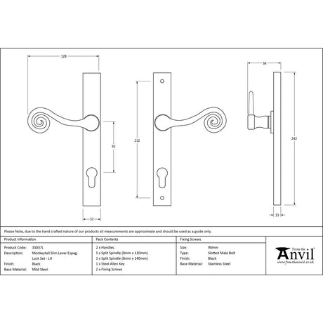 This is an image showing From The Anvil - Black Monkeytail Slimline Lever Espag. Lock Set - LH available from trade door handles, quick delivery and discounted prices