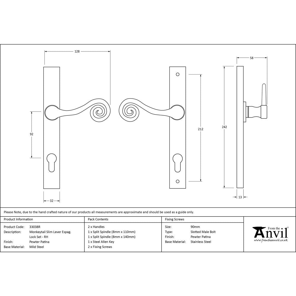 This is an image showing From The Anvil - Pewter Monkeytail Slimline Lever Espag. Lock Set - RH available from trade door handles, quick delivery and discounted prices