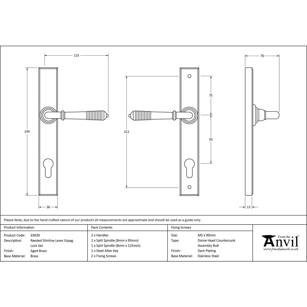 This is an image showing From The Anvil - Aged Brass Reeded Slimline Lever Espag. Lock Set available from trade door handles, quick delivery and discounted prices