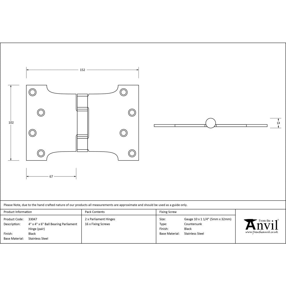 This is an image showing From The Anvil - Black 4" x 4" x 6" Parliament Hinge (pair) ss available from trade door handles, quick delivery and discounted prices