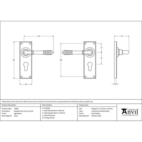 This is an image showing From The Anvil - Aged Brass Reeded Lever Euro Lock Set available from trade door handles, quick delivery and discounted prices