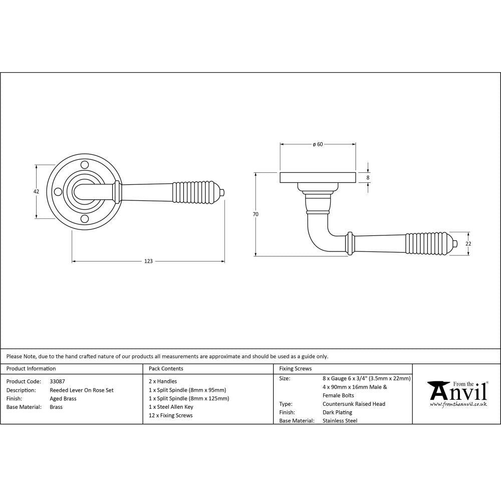 This is an image showing From The Anvil - Aged Brass Reeded Lever on Rose Set available from trade door handles, quick delivery and discounted prices