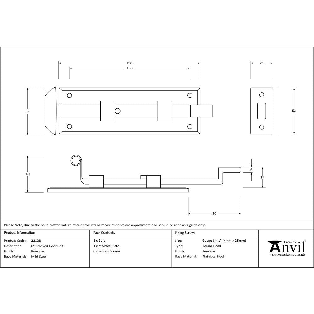 This is an image showing From The Anvil - Beeswax 6" Cranked Door Bolt available from trade door handles, quick delivery and discounted prices