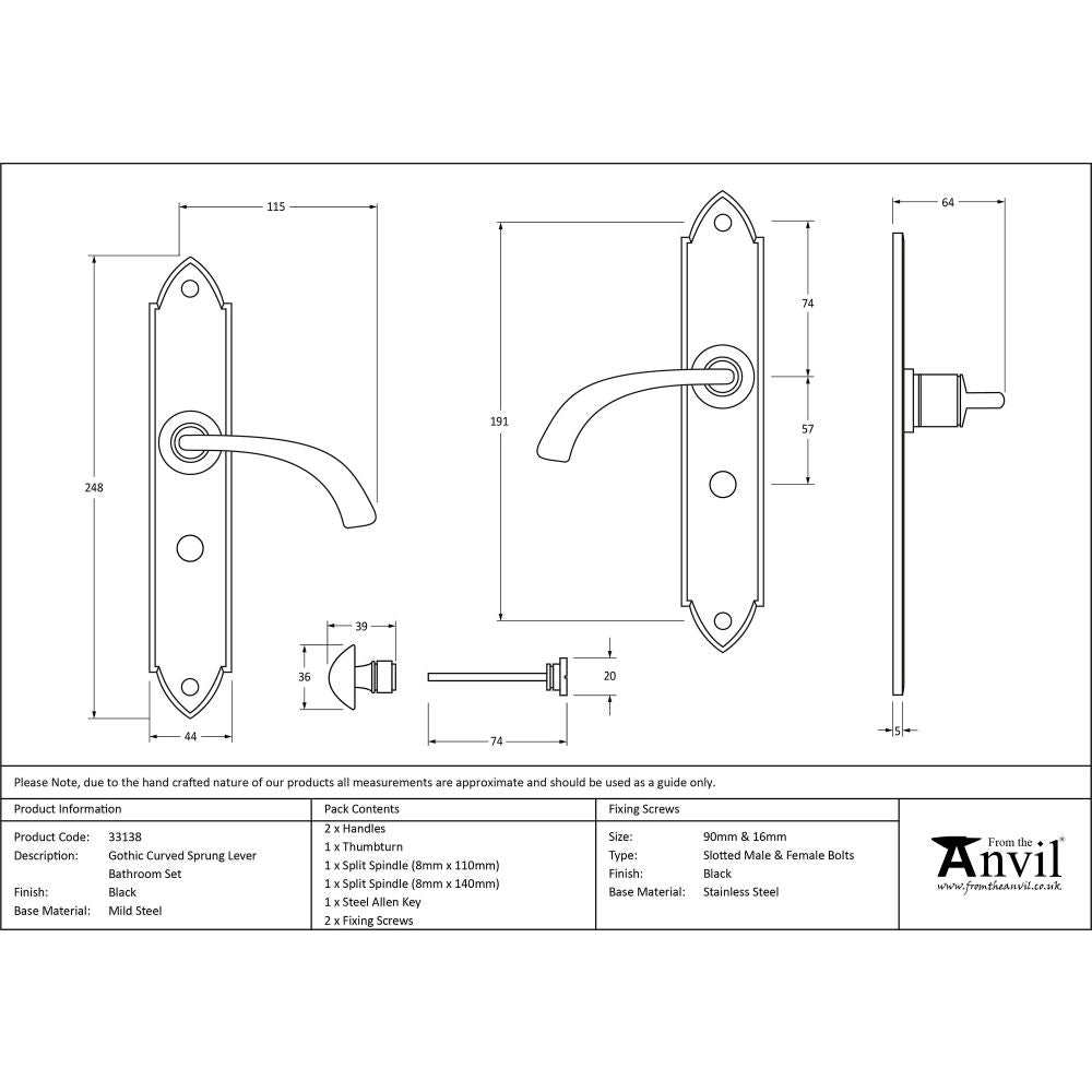 This is an image showing From The Anvil - Black Gothic Curved Sprung Lever Bathroom Set available from trade door handles, quick delivery and discounted prices