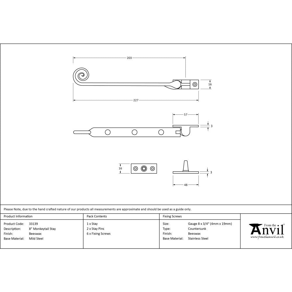 High quality image of From The Anvil - Beeswax 8" Monkeytail Stay | Sku. 33139 | Trade Door Handles, Kendal.