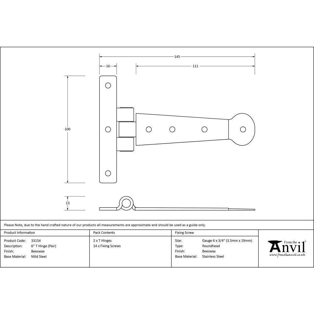 This is an image showing From The Anvil - Beeswax 6" Penny End T Hinge (pair) available from trade door handles, quick delivery and discounted prices