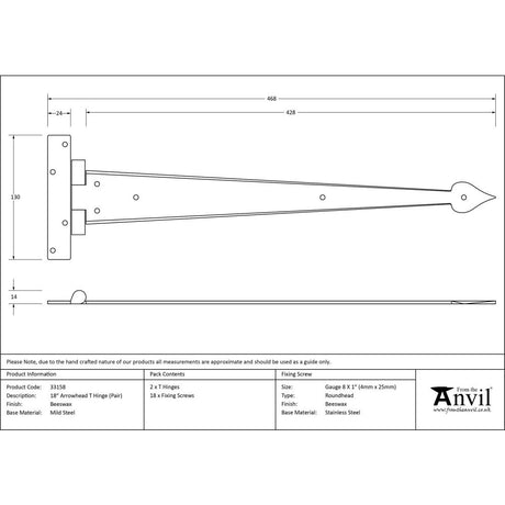 This is an image showing From The Anvil - Beeswax 18" Arrow Head T Hinge (pair) available from trade door handles, quick delivery and discounted prices