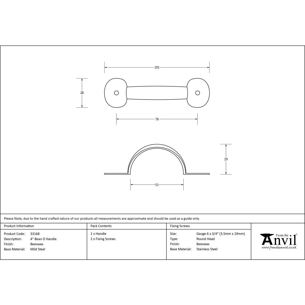 This is an image showing From The Anvil - Beeswax 4" Bean D Handle available from trade door handles, quick delivery and discounted prices