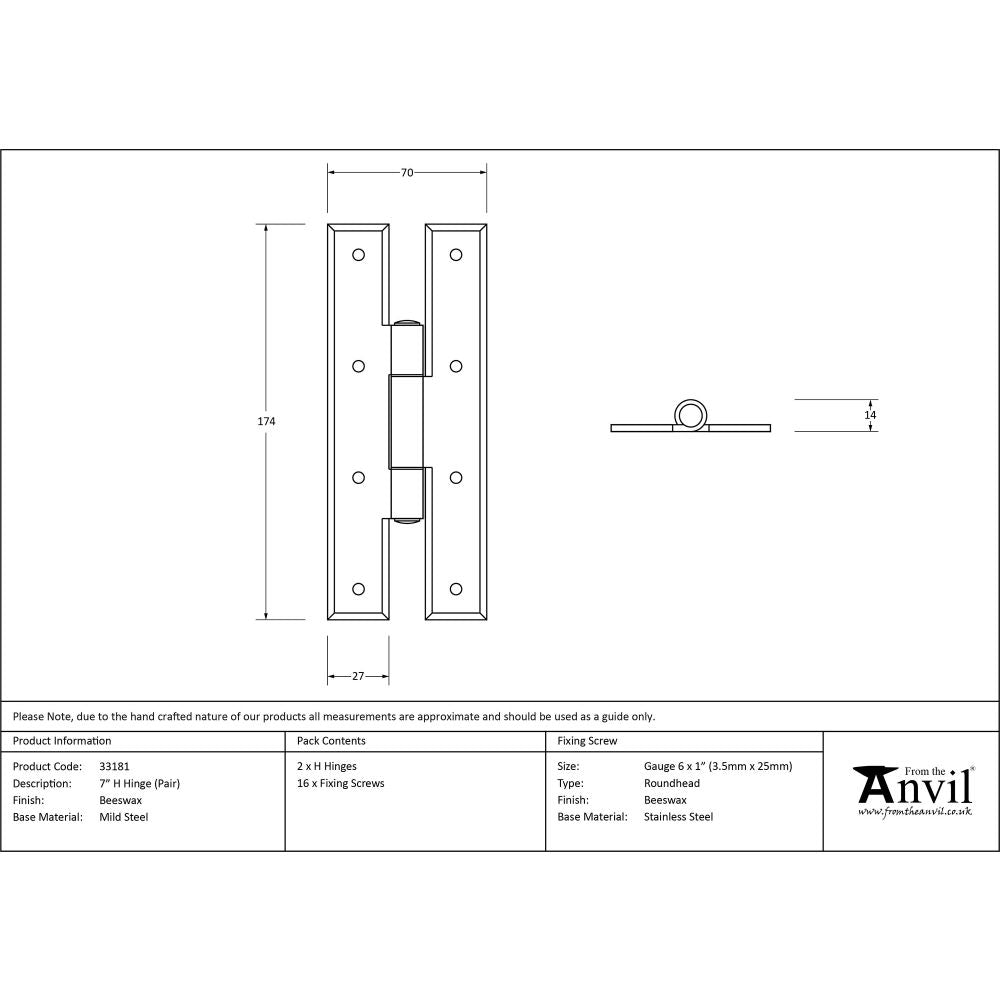 This is an image showing From The Anvil - Beeswax 7" H Hinge (pair) available from trade door handles, quick delivery and discounted prices