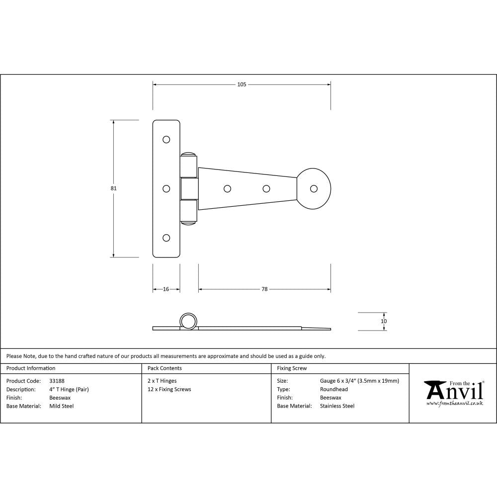 This is an image showing From The Anvil - Beeswax 4" Penny End T Hinge (pair) available from trade door handles, quick delivery and discounted prices