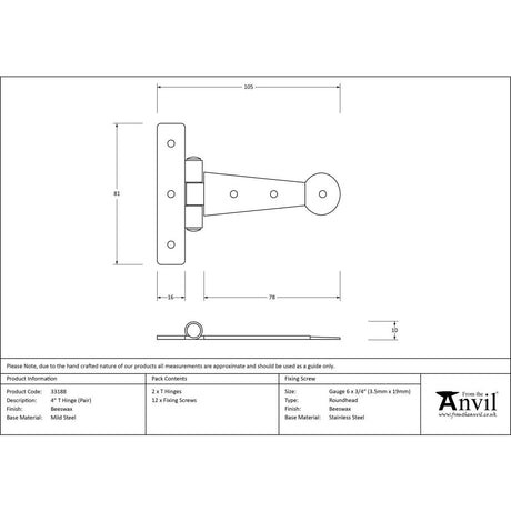 This is an image showing From The Anvil - Beeswax 4" Penny End T Hinge (pair) available from trade door handles, quick delivery and discounted prices