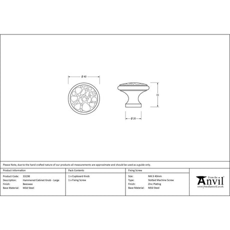 This is an image showing From The Anvil - Beeswax Hammered Cabinet Knob - Large available from trade door handles, quick delivery and discounted prices