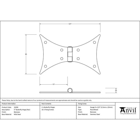 This is an image showing From The Anvil - Beeswax 5" Butterfly Hinge (pair) available from trade door handles, quick delivery and discounted prices