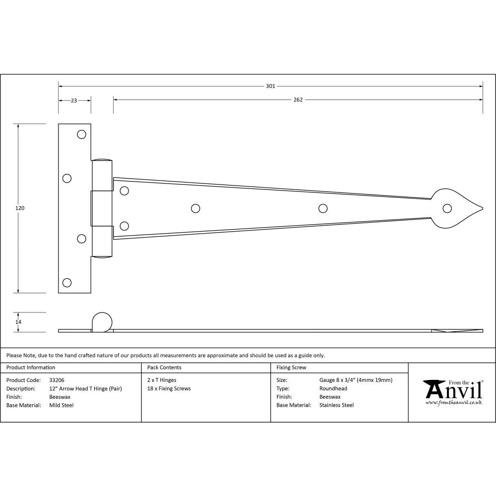 This is an image showing From The Anvil - Beeswax 12" Arrow Head T Hinge (pair) available from trade door handles, quick delivery and discounted prices