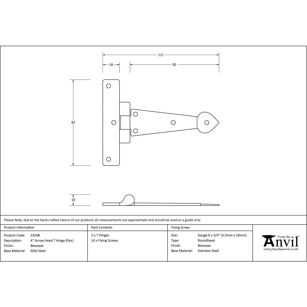 This is an image showing From The Anvil - Beeswax 4" Arrow Head T Hinge (pair) available from trade door handles, quick delivery and discounted prices