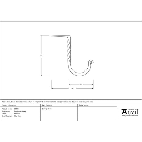 High quality image of From The Anvil - Beeswax Cup Hook - Large | Sku. 33220 | Trade Door Handles, Kendal.