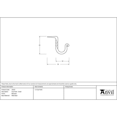 High quality image of From The Anvil - Beeswax Cup Hook - Small | Sku. 33222 | Trade Door Handles, Kendal.