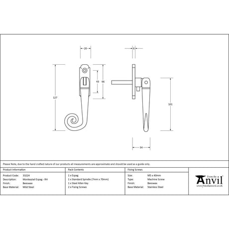 High quality image of From The Anvil - Beeswax Monkeytail Espag - RH | Sku. 33224 | Trade Door Handles, Kendal.