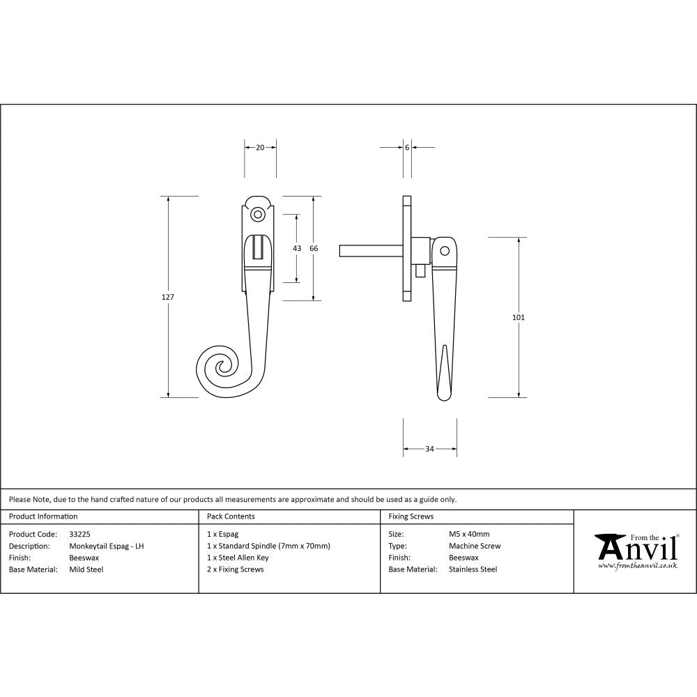 High quality image of From The Anvil - Beeswax Monkeytail Espag - LH | Sku. 33225 | Trade Door Handles, Kendal.