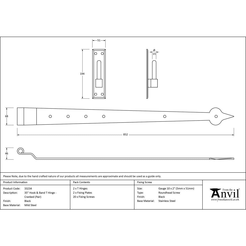 This is an image showing From The Anvil - Black 35" Hook & Band Hinge - Cranked (pair) available from trade door handles, quick delivery and discounted prices
