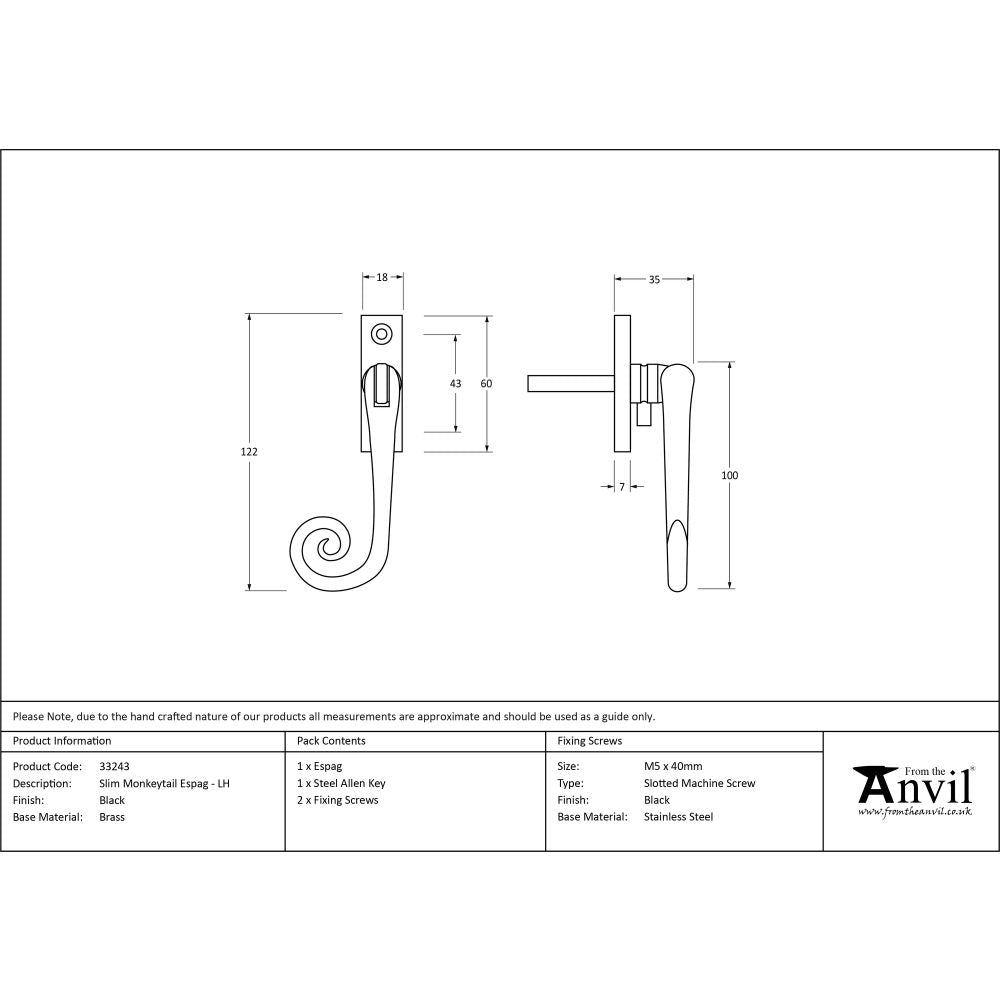 This is an image showing From The Anvil - Black Slim Monkeytail Espag - LH available from trade door handles, quick delivery and discounted prices