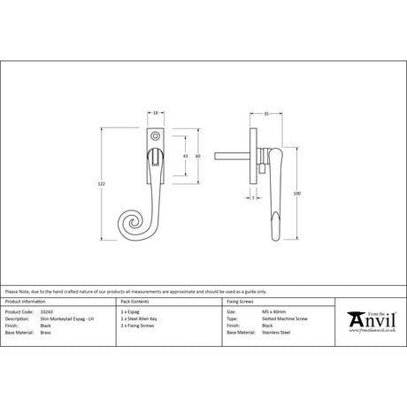 High quality image of From The Anvil - Black Slim Monkeytail Espag - LH | Sku. 33243 | Trade Door Handles, Kendal.