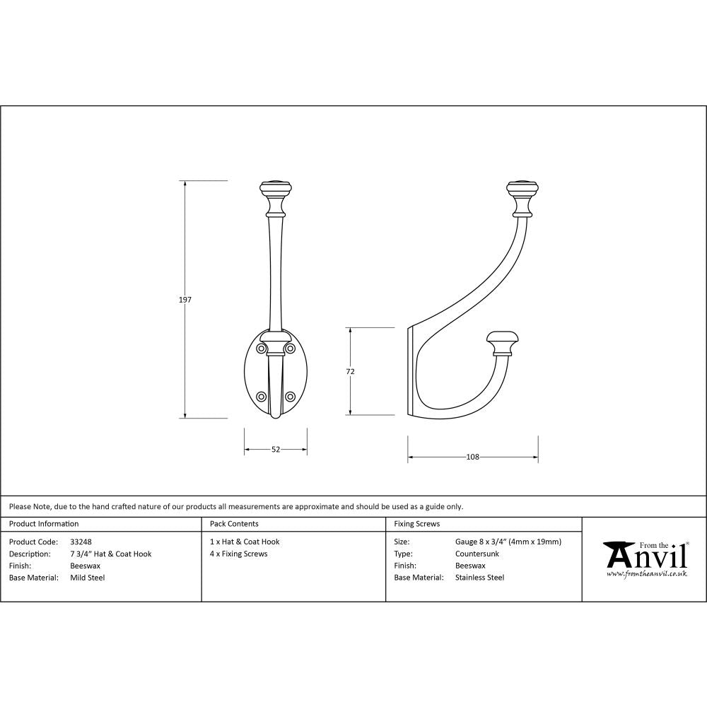 High quality image of From The Anvil - Beeswax 7 3/4" Hat & Coat Hook | Sku. 33248 | Trade Door Handles, Kendal.