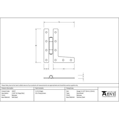 This is an image showing From The Anvil - Beeswax 3 1/4" HL Hinge (pair) available from trade door handles, quick delivery and discounted prices