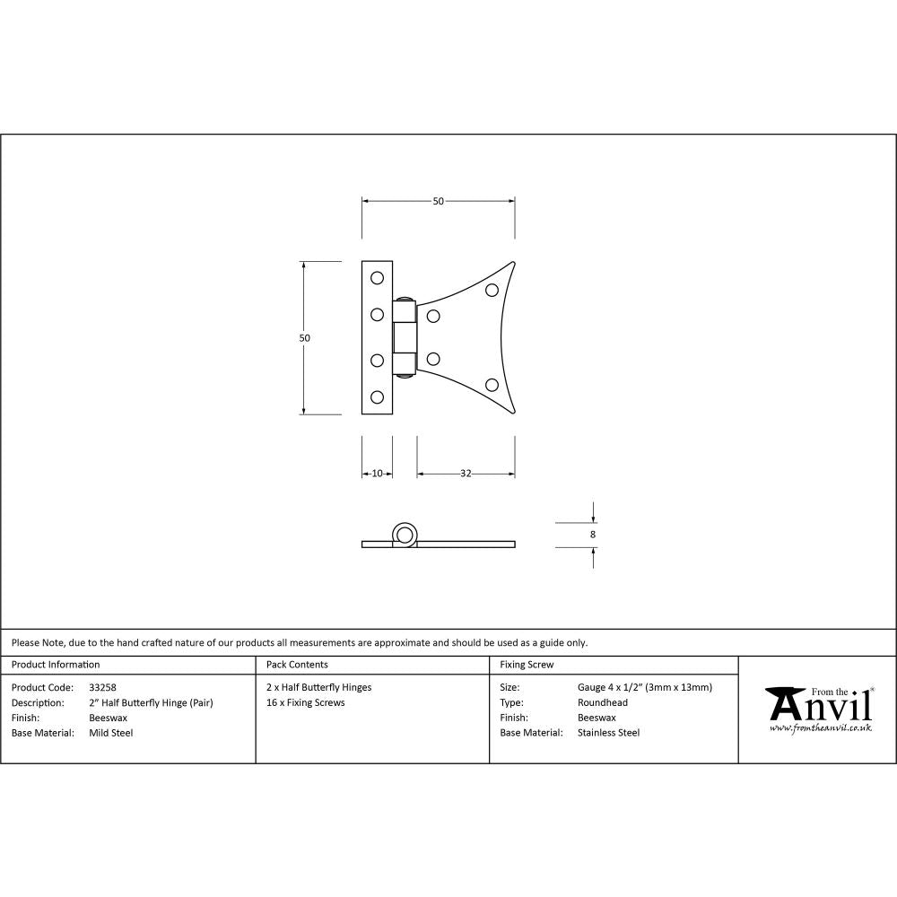 This is an image showing From The Anvil - Beeswax 2" Half Butterfly Hinge (pair) available from trade door handles, quick delivery and discounted prices