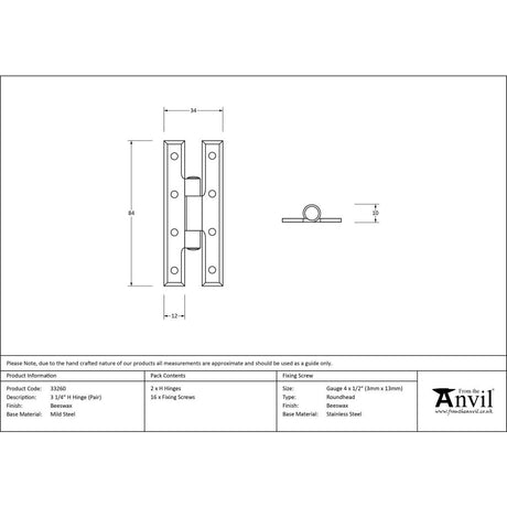 This is an image showing From The Anvil - Beeswax 3 1/4" H Hinge (pair) available from trade door handles, quick delivery and discounted prices