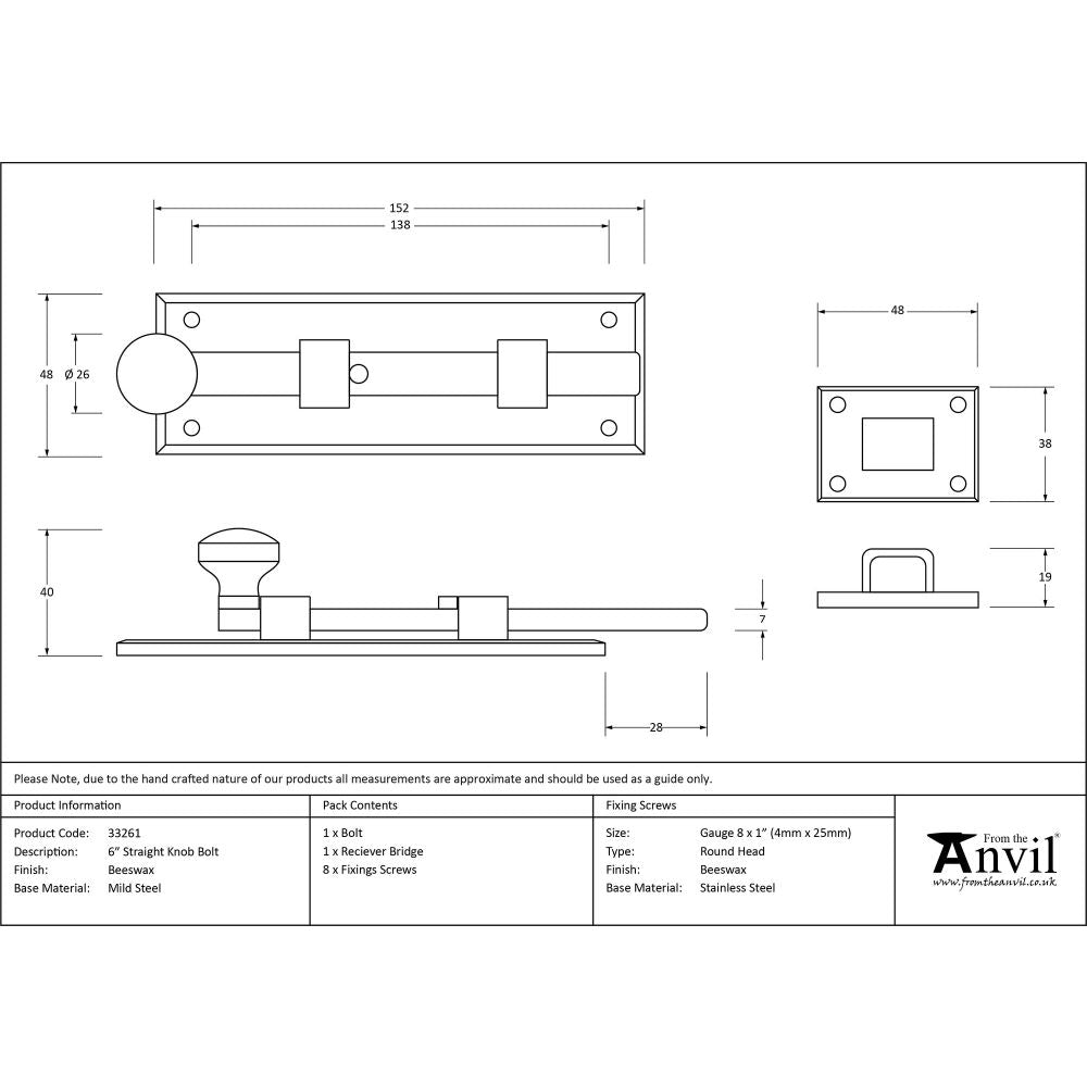 This is an image showing From The Anvil - Beeswax 6" Straight Knob Bolt available from trade door handles, quick delivery and discounted prices