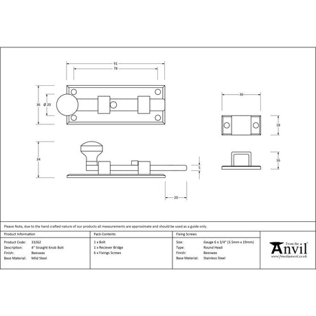 High quality image of From The Anvil - Beeswax 4" Straight Knob Bolt | Sku. 33262 | Trade Door Handles, Kendal.