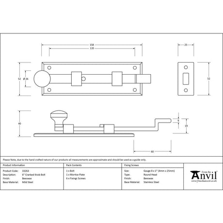 This is an image showing From The Anvil - Beeswax 6" Cranked Knob Bolt available from trade door handles, quick delivery and discounted prices