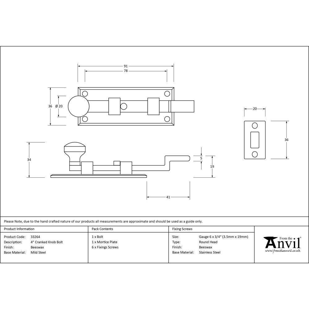 This is an image showing From The Anvil - Beeswax 4" Cranked Knob Bolt available from trade door handles, quick delivery and discounted prices