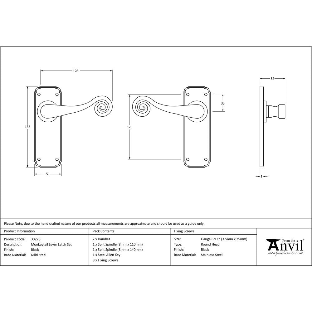 This is an image showing From The Anvil - Black Monkeytail Lever Latch Set available from trade door handles, quick delivery and discounted prices