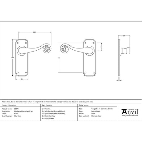 This is an image showing From The Anvil - Black Monkeytail Lever Latch Set available from trade door handles, quick delivery and discounted prices