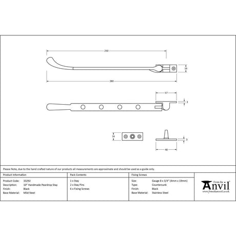 This is an image showing From The Anvil - Black 10" Handmade Peardrop Stay available from trade door handles, quick delivery and discounted prices